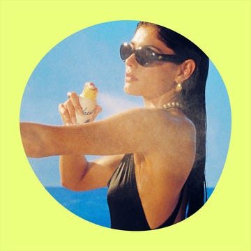 Sunscreen spray bottle and a woman applying sunscreen at the beach, enjoying summer.